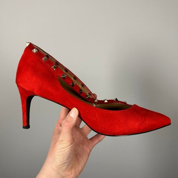 Andiamo Shoes - Andiamo Red Suede Studded Strap Heels Women's 11